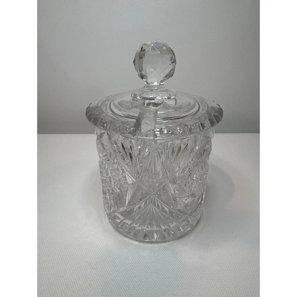 Vintage Cut American‎ Brilliant Style Crystal Jam Mustard Jar w/ Lid Starburst